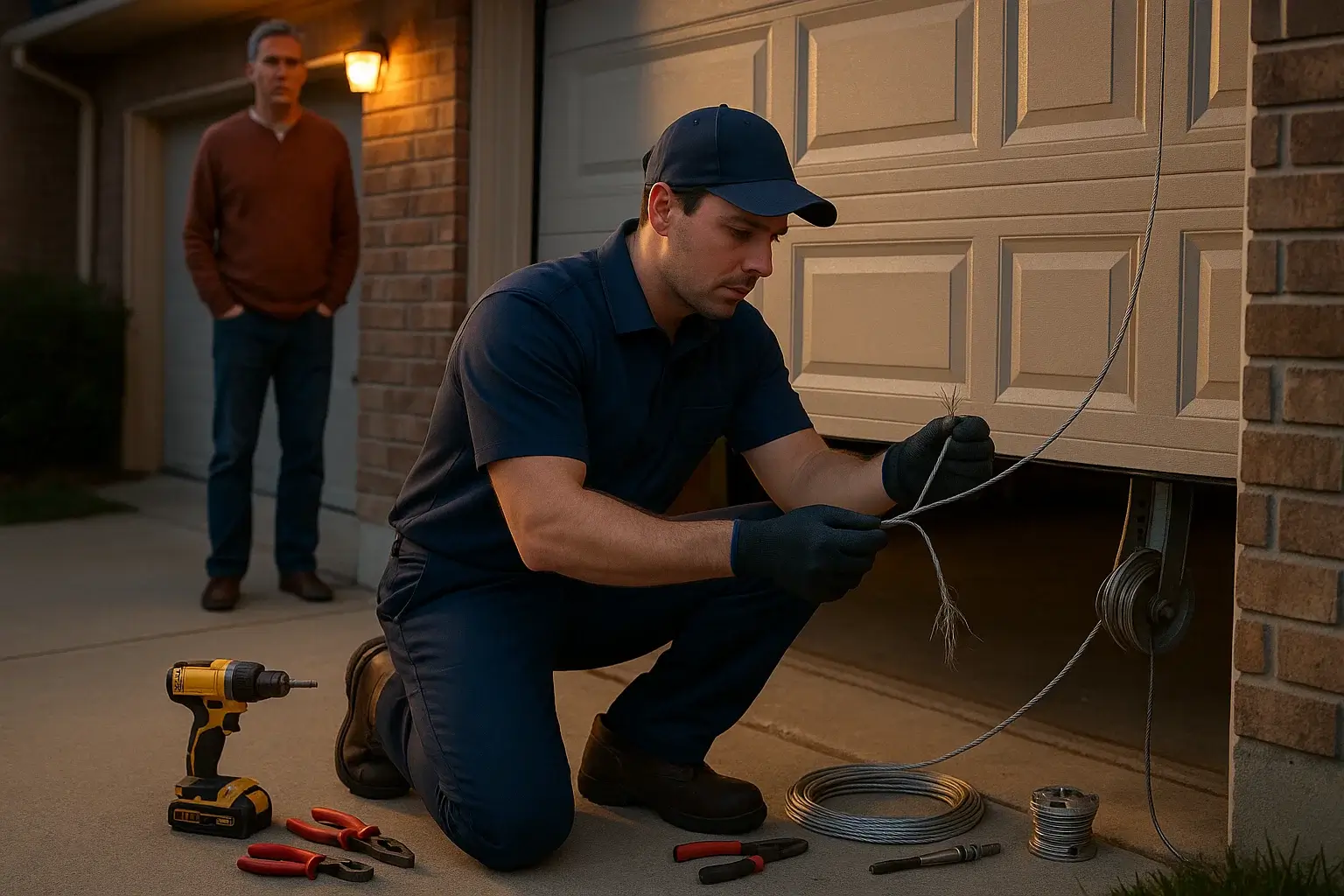 Technician performing emergency garage door cable repair in Westland MI