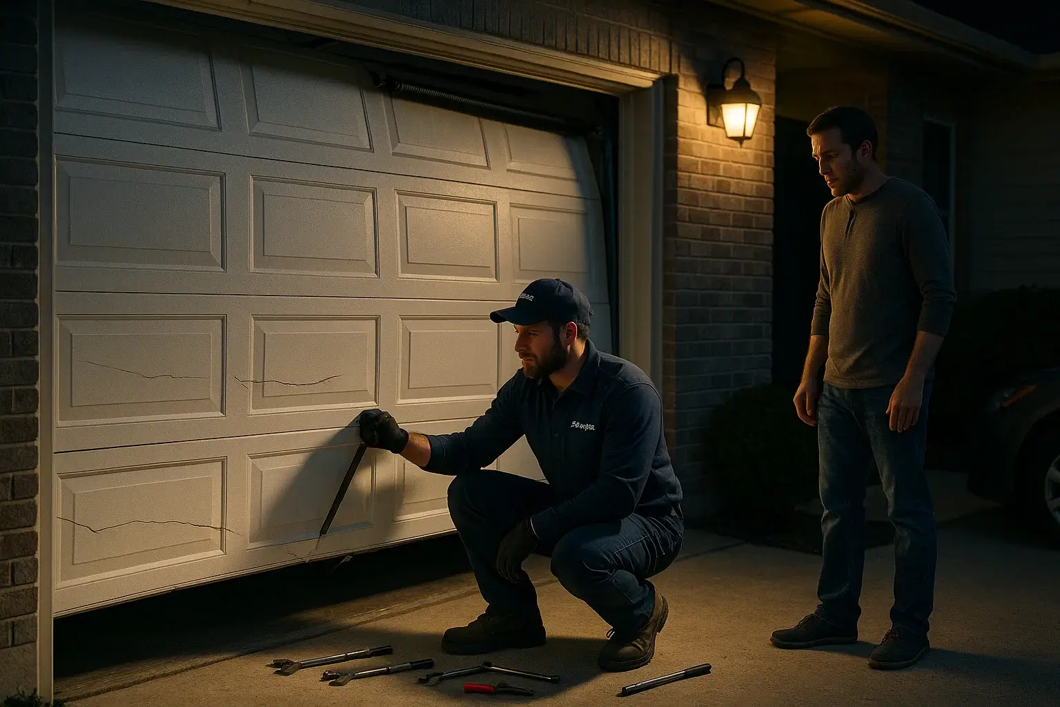 Technician providing residential 24-hour emergency garage door repair in Westland MI