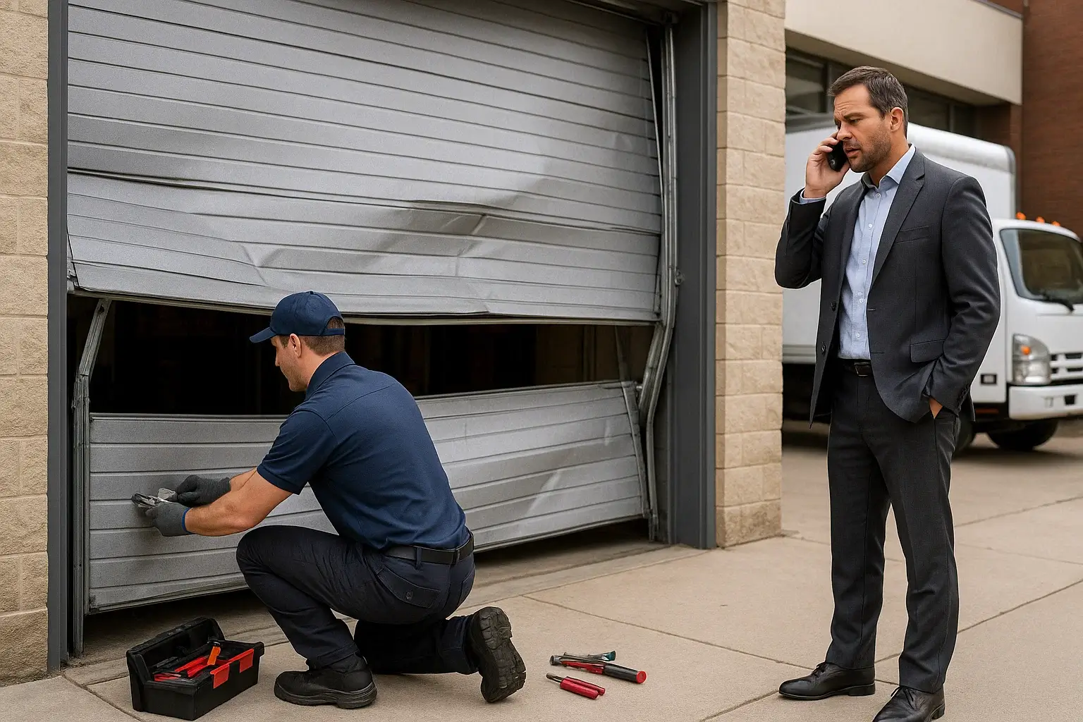 Technician performing urgent storefront garage door repair in Westland MI at night