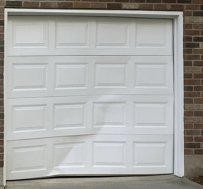 Before garage door repair with visible damage and misalignment