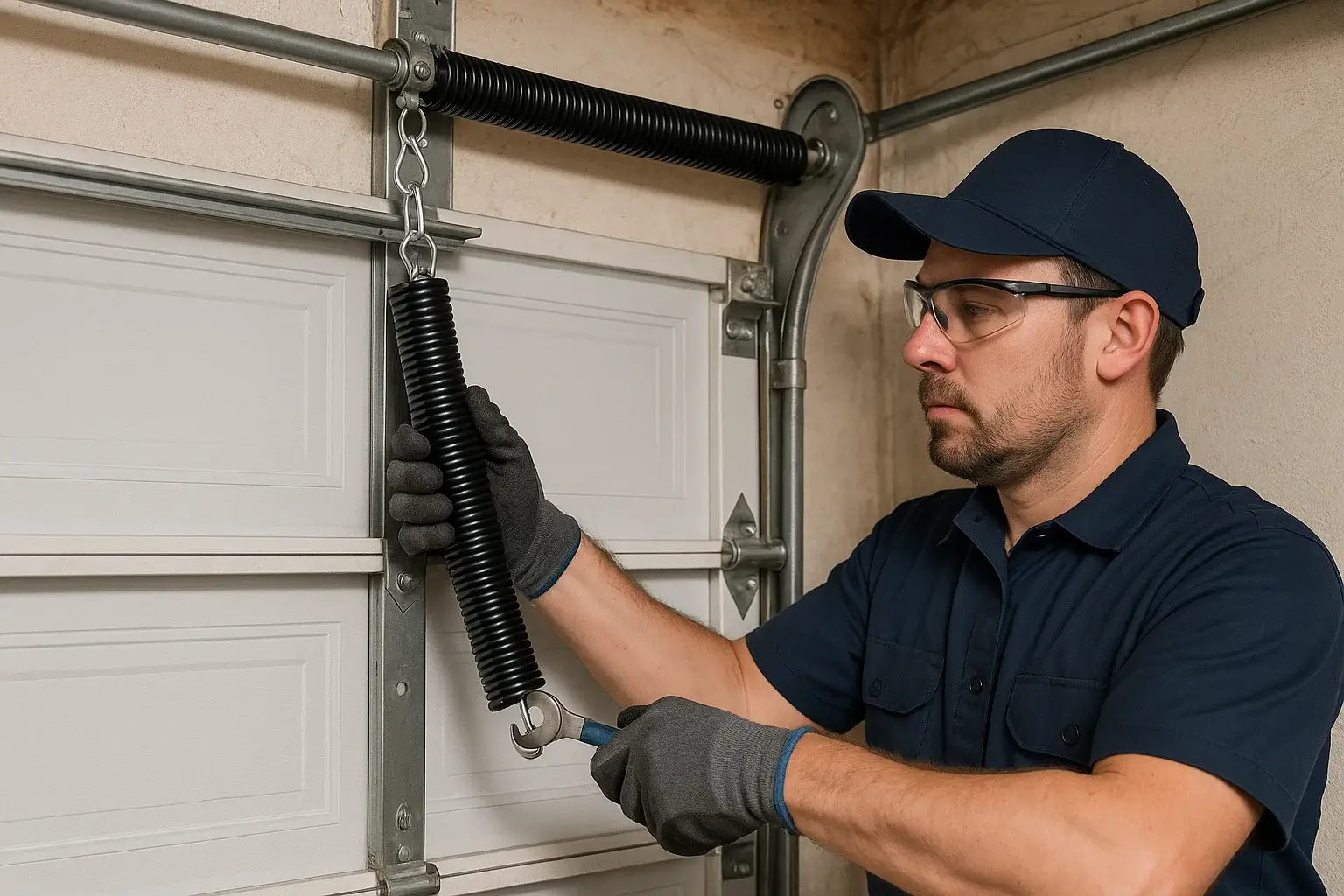 Technician performing extension spring replacement in Westland MI