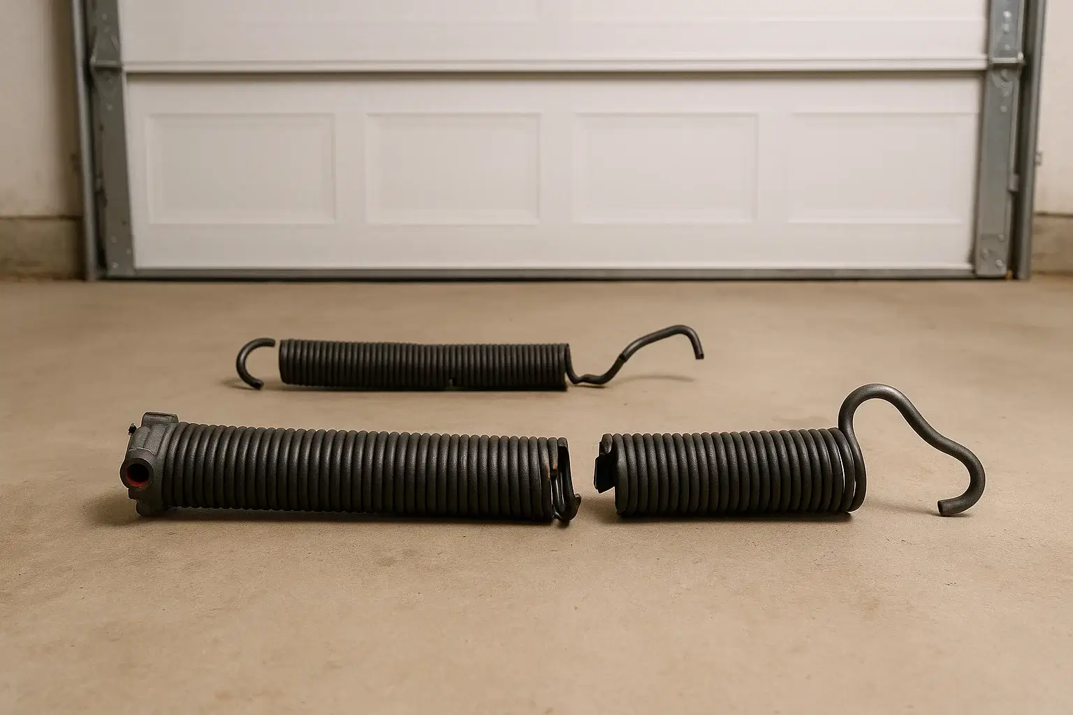 Technician repairing broken garage door springs in Westland MI with professional tools
