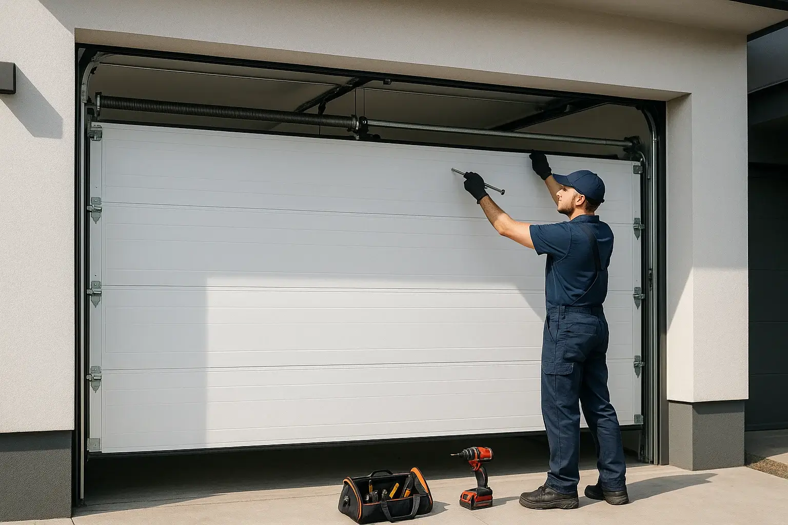  Automatic Garage Door Repair   Southfield  MI   with technician fixing overhead door at business property 