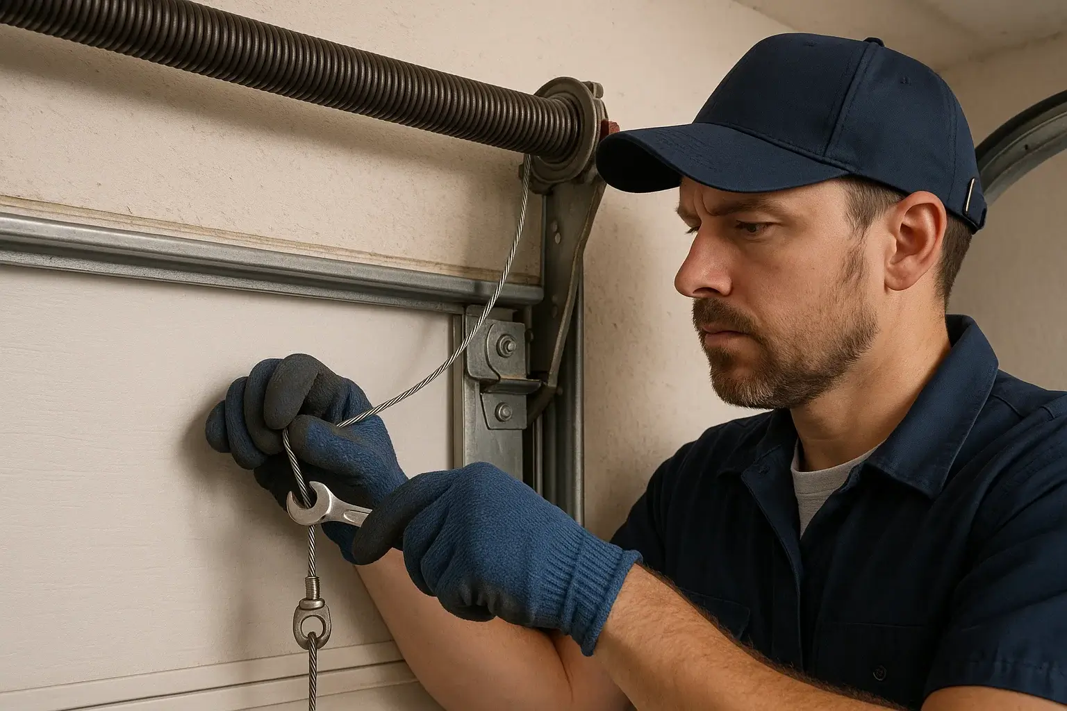 Cable Repair at Garage Doors in Pontiac MI  by skilled technician adjusting panels