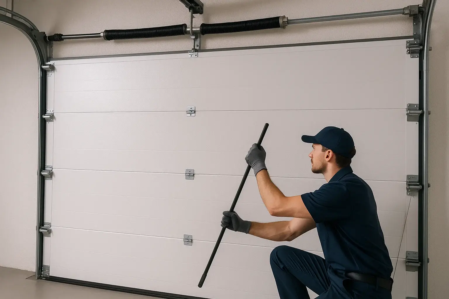 garage-door-maintenance  in Detroit MI   with technicians fitting new sectional door at residential home