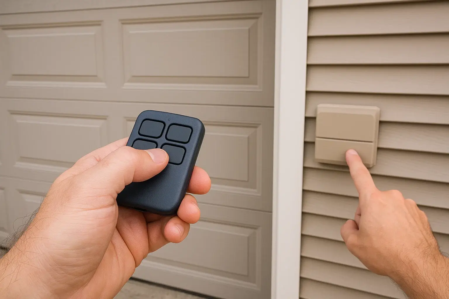   Garage Door Remote Programming  Dearborn Heights MI  Dearborn Heights MI  with technician fixing overhead door at business property 