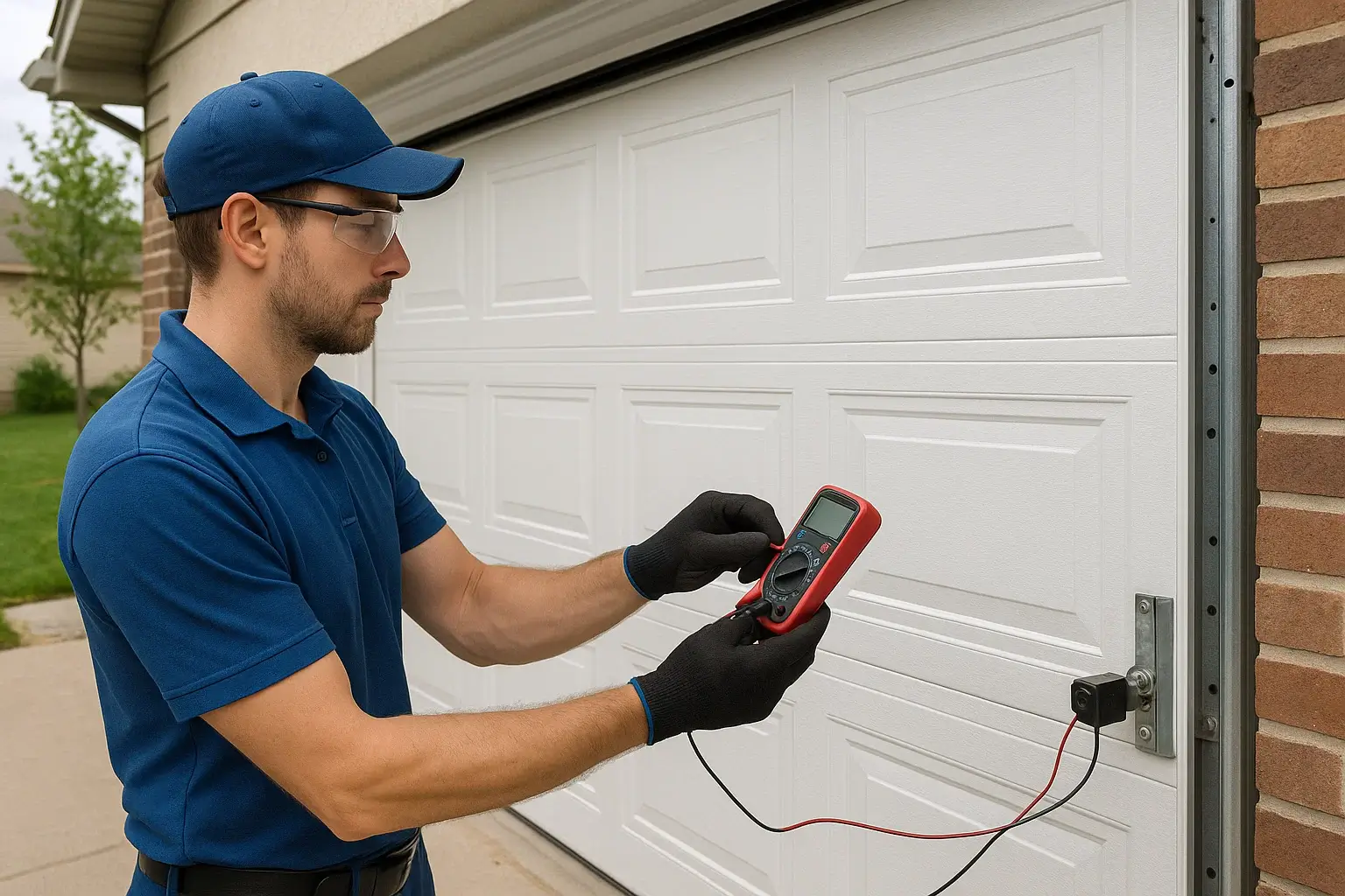   Garage Door Sensor Repair in  Southfield  MI   with technicians fitting new sectional door at residential home