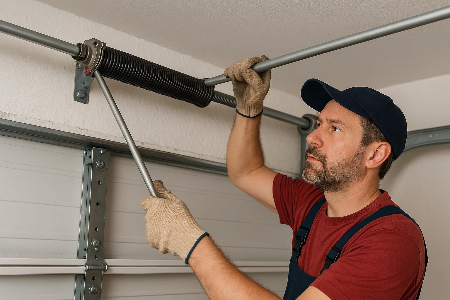 Technician performing garage door spring replacement in West Bloomfield Township MI, adjusting torsion springs for safe and smooth operation.