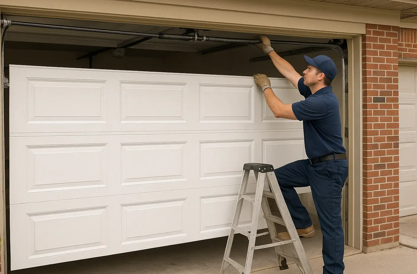 Cable Repair at Garage Doors in Dearborn Heights MI  by skilled technician adjusting panels