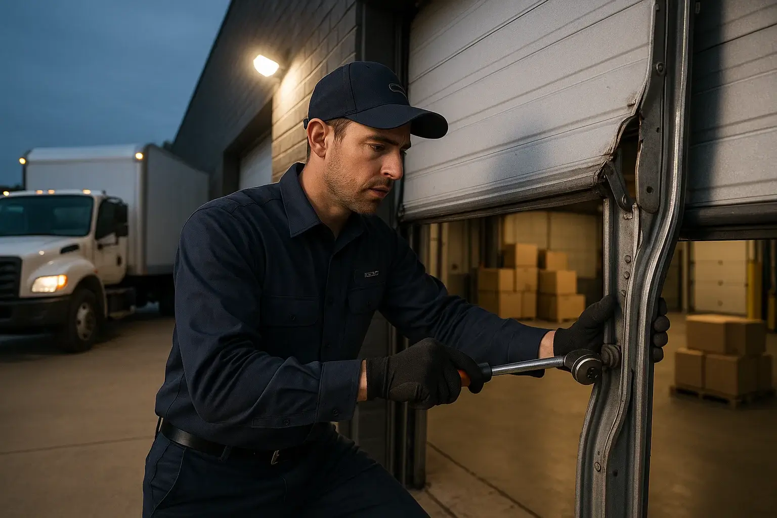 Technician performing commercial garage door repair at a business location in Westland MI