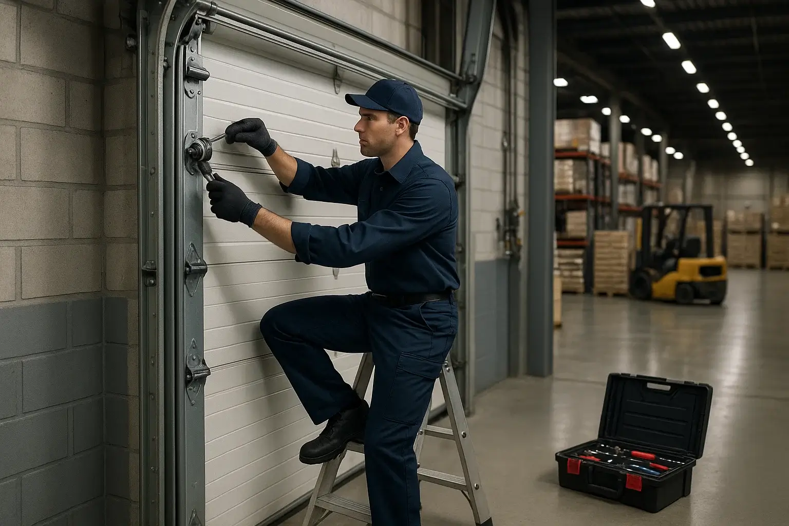 Technician in navy uniform performing commercial garage door maintenance in Westland MI