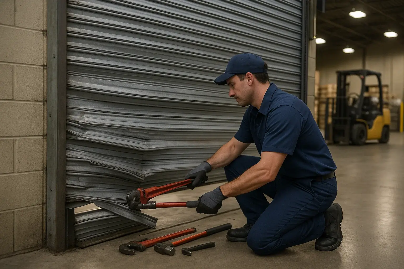 Technician in navy uniform repairing commercial rolling steel door in Westland MI