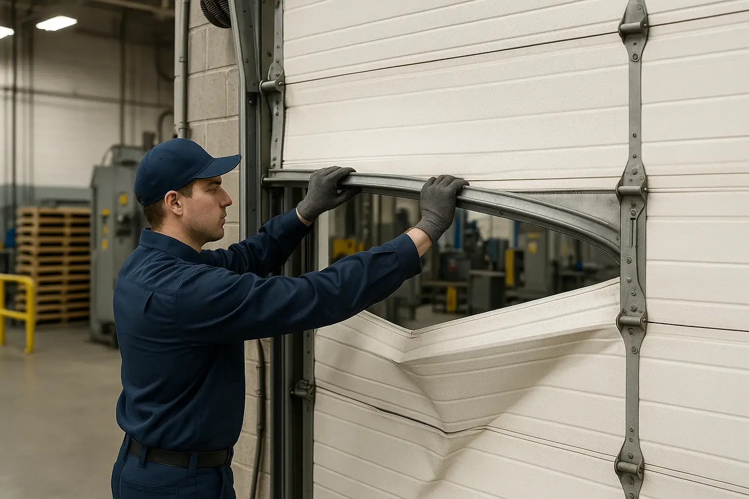 Technician in navy uniform performing industrial garage door repair in Westland MI