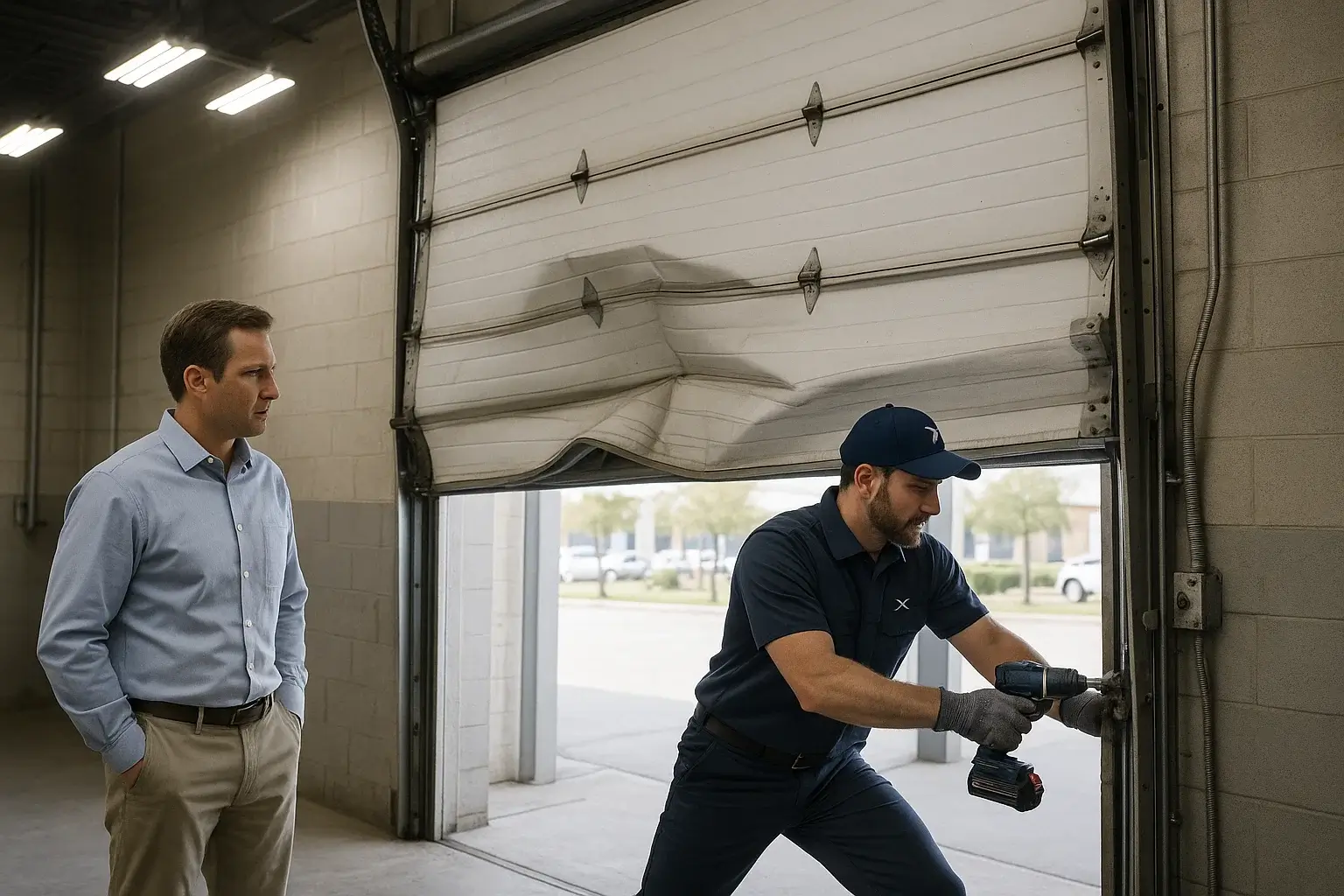 Professional technician performing urgent commercial garage door repair in Westland MI