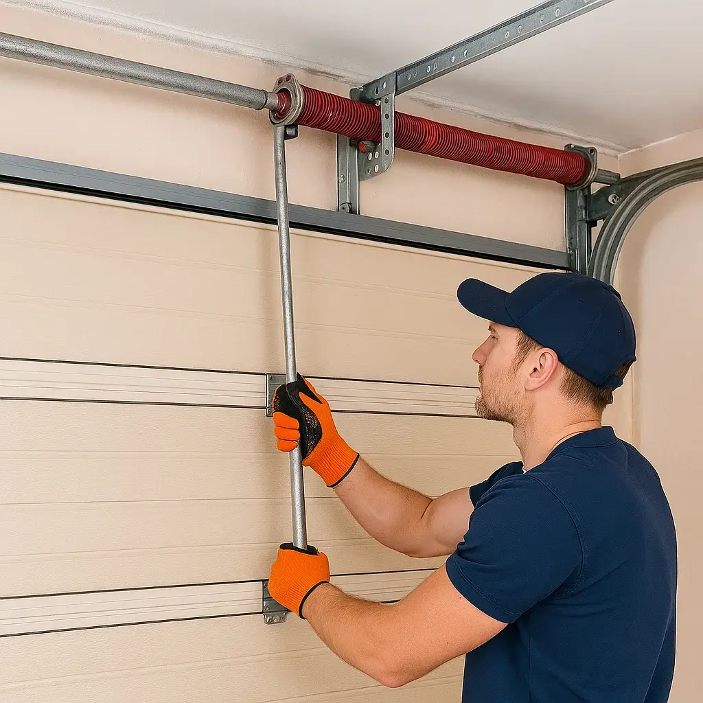 Technician performing garage door repair for improved safety and performance
