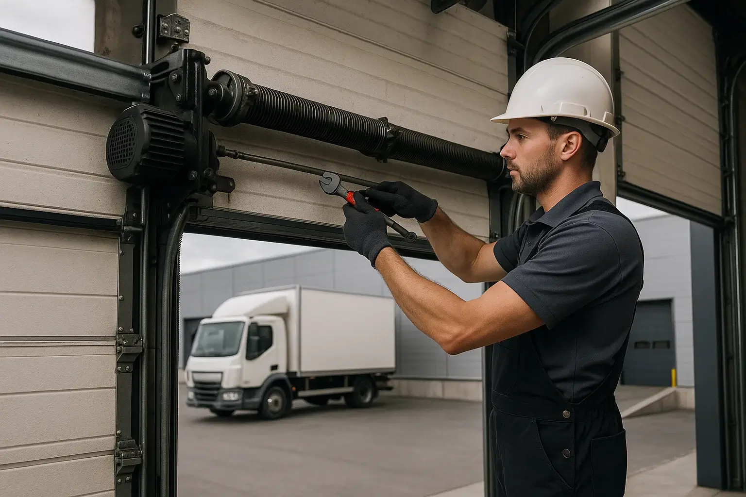 Technician repairing industrial commercial garage door in Westland MI