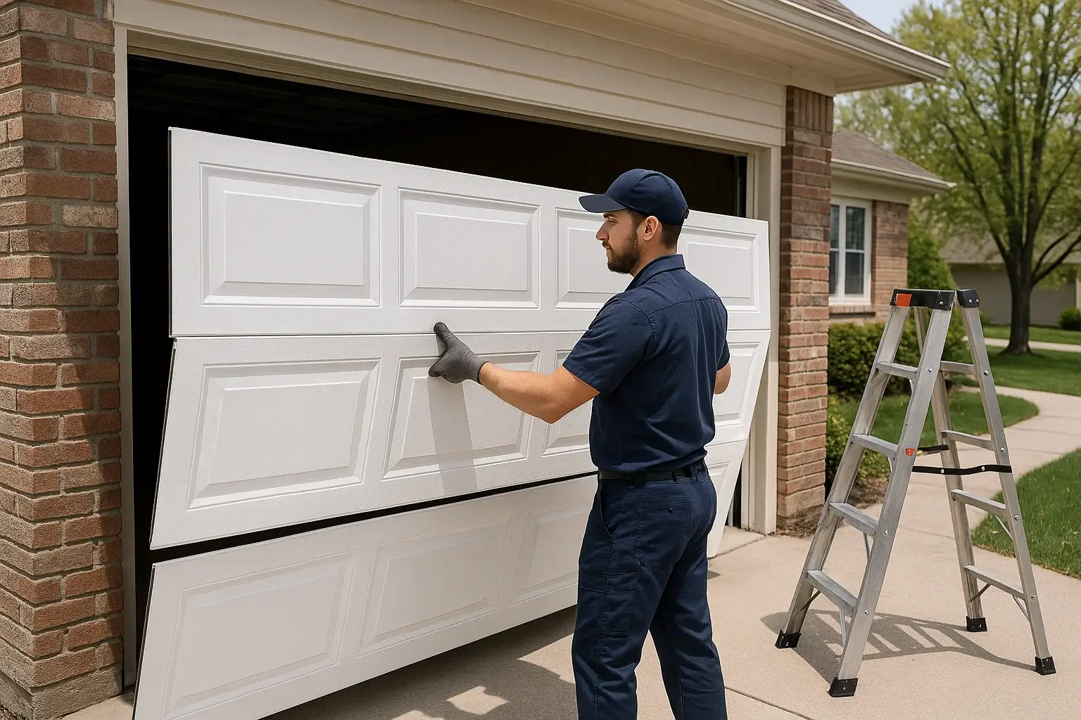 Technician replacing a damaged garage door panel in Clawson MI, restoring the door’s appearance, safety, and smooth operation.