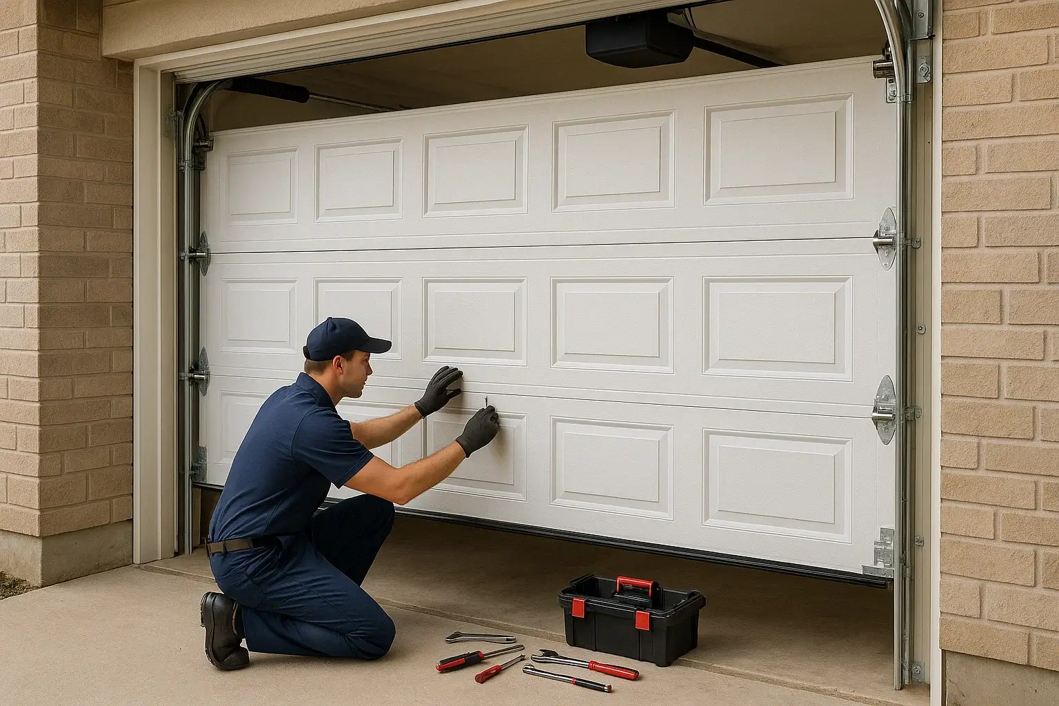 Technician repairing broken garage door springs in Westland MI with professional tools