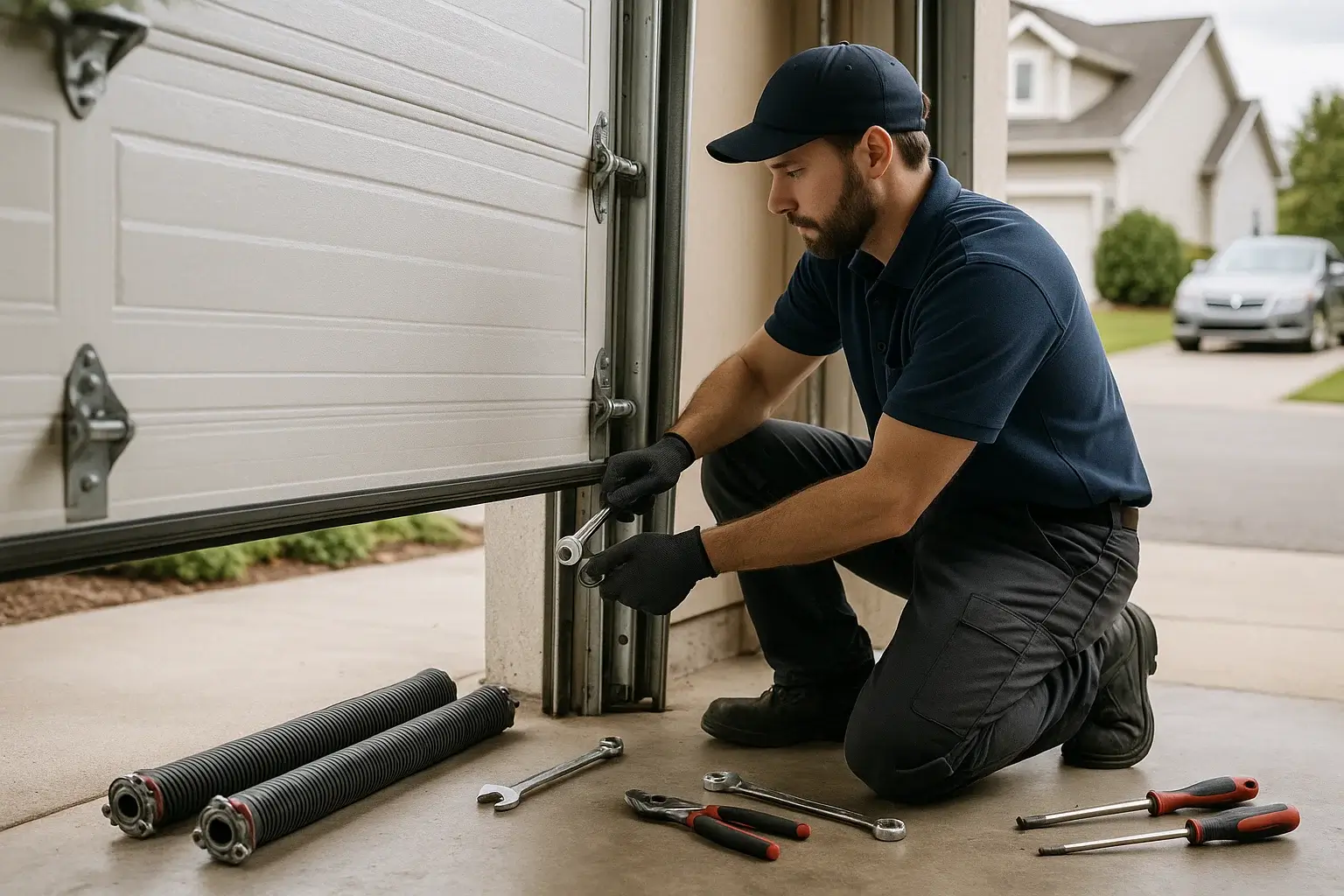 Technician performing same day garage door repair in Westland MI