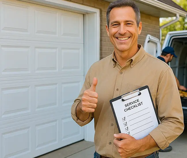 Happy homeowner with repaired garage door in Westland MI giving testimonial
