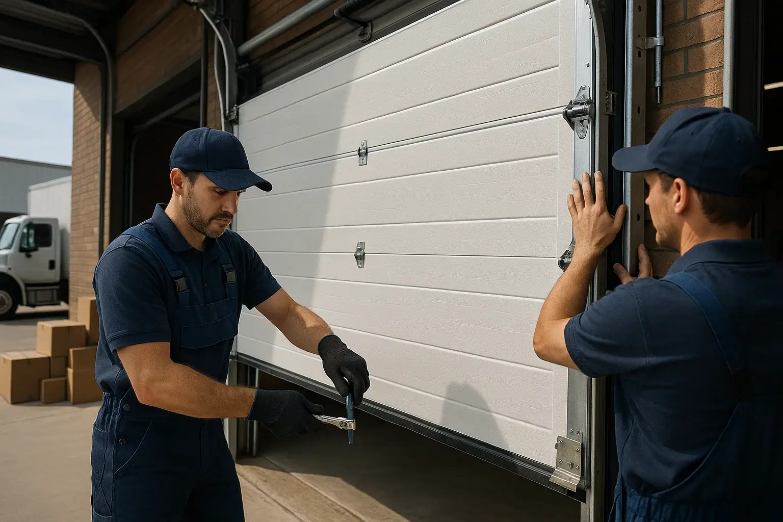 Navy uniformed technician installing heavy-duty commercial garage door in Michigan