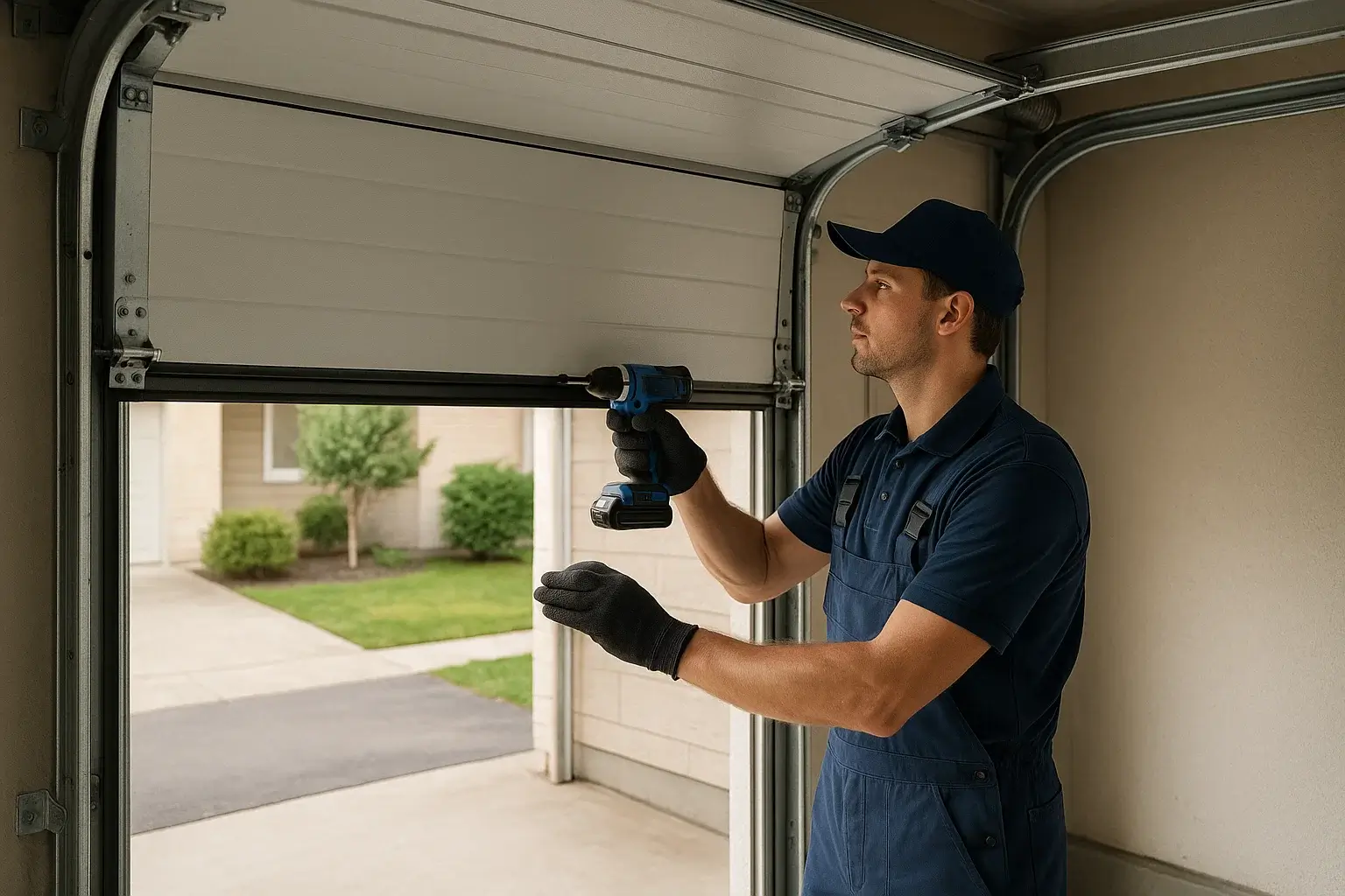 Navy uniformed technician installing new residential garage door in Westland MI