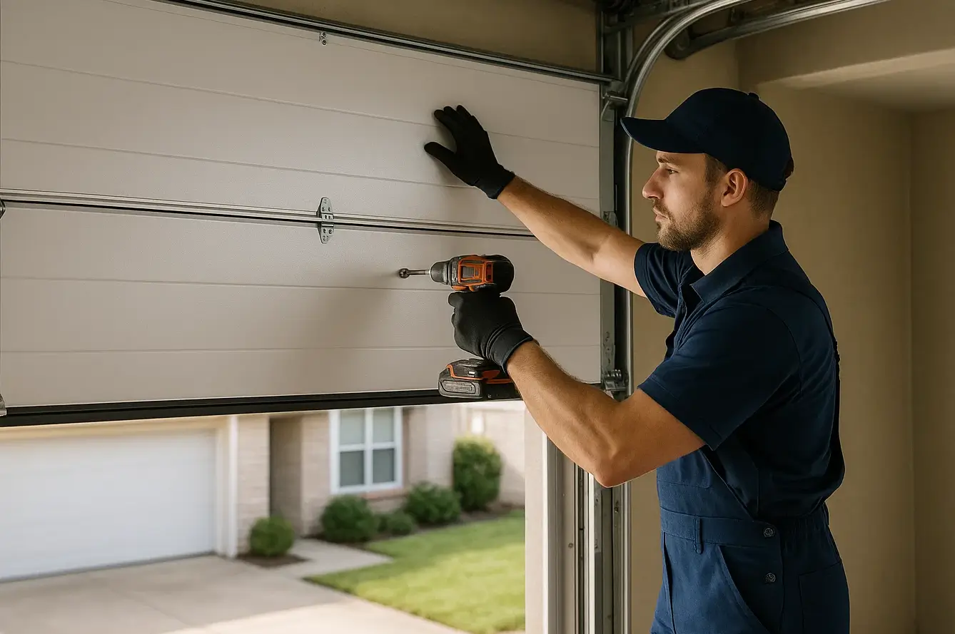 Navy uniformed technician installing high-end residential garage door in Westland MI