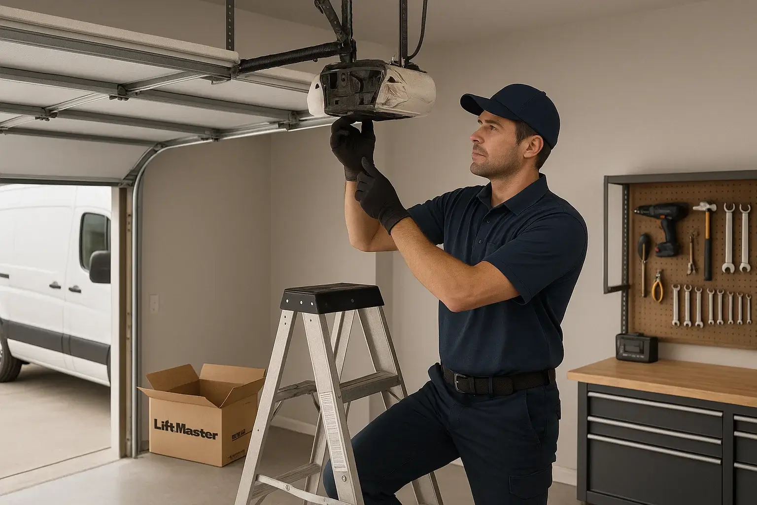 Technician replacing broken garage door opener in Westland Michigan home