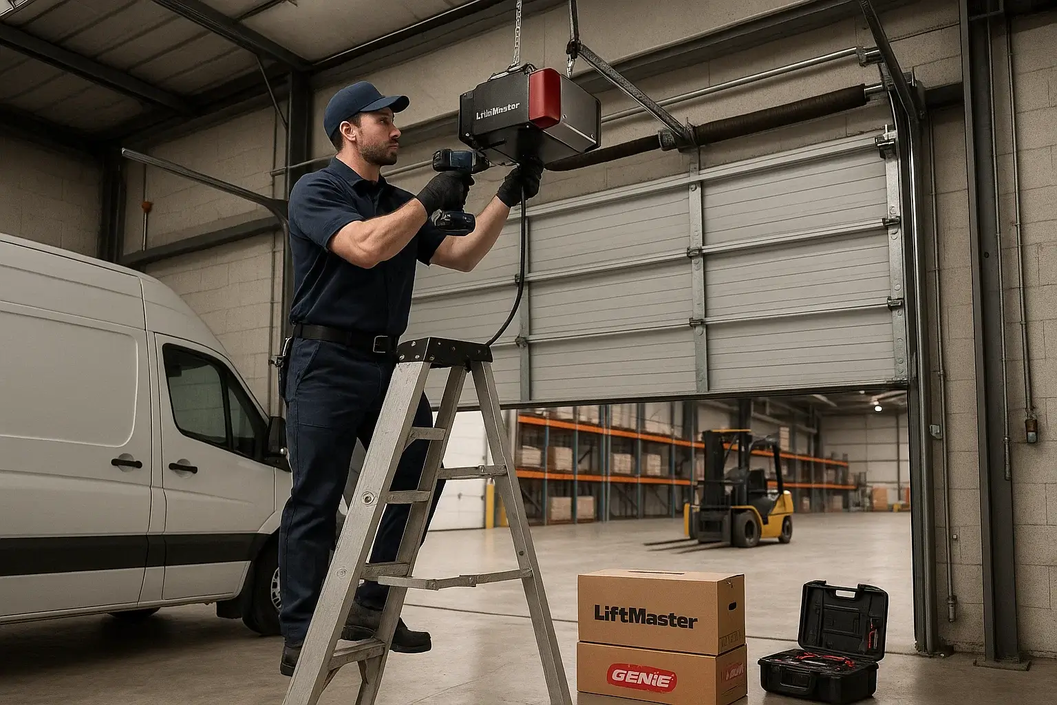 Commercial garage door opener installation by technician in Westland Michigan warehouse