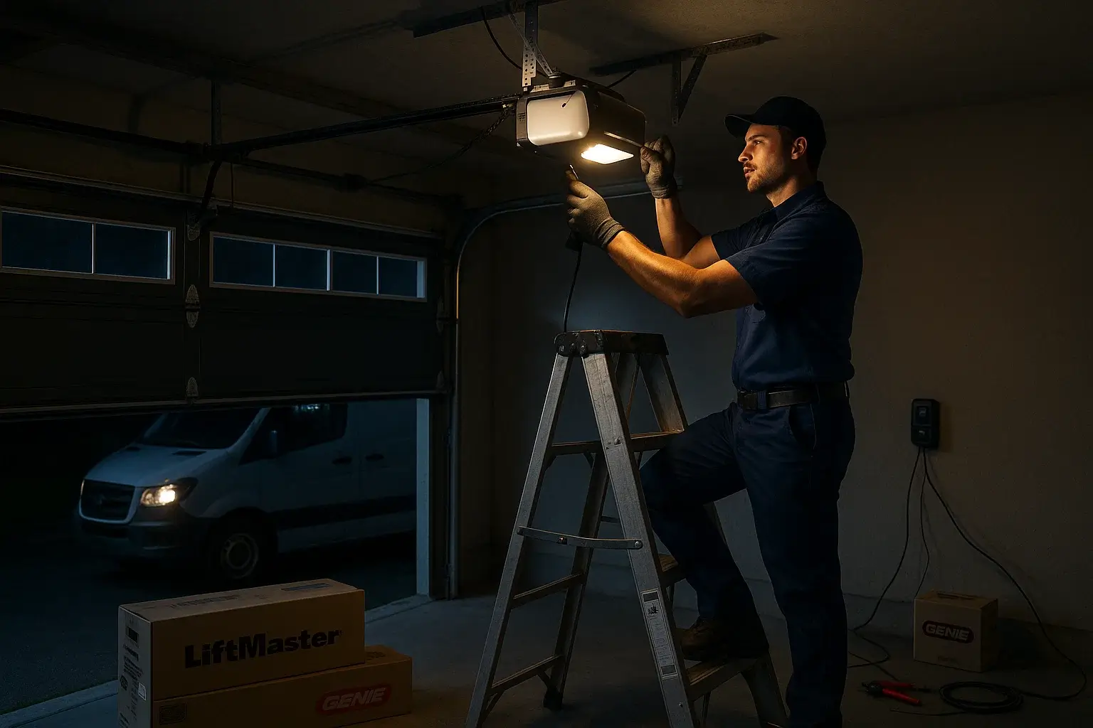 Emergency garage door opener installation by technician in Westland Michigan