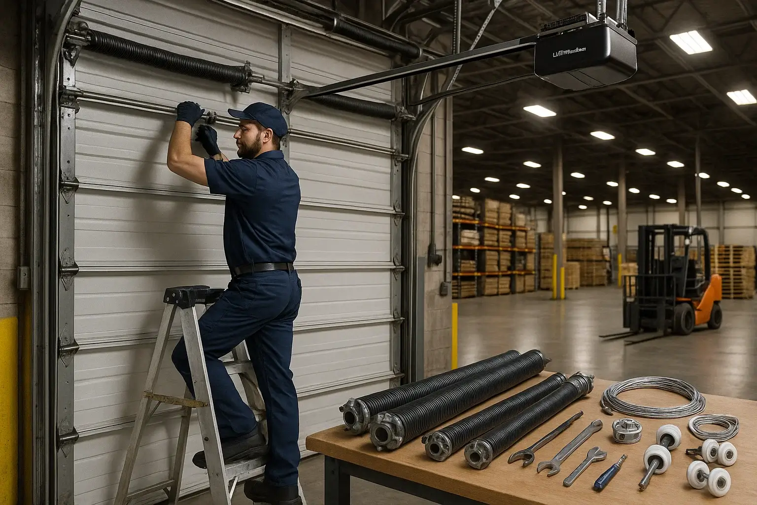Technician repairing a commercial garage door in a Michigan warehouse