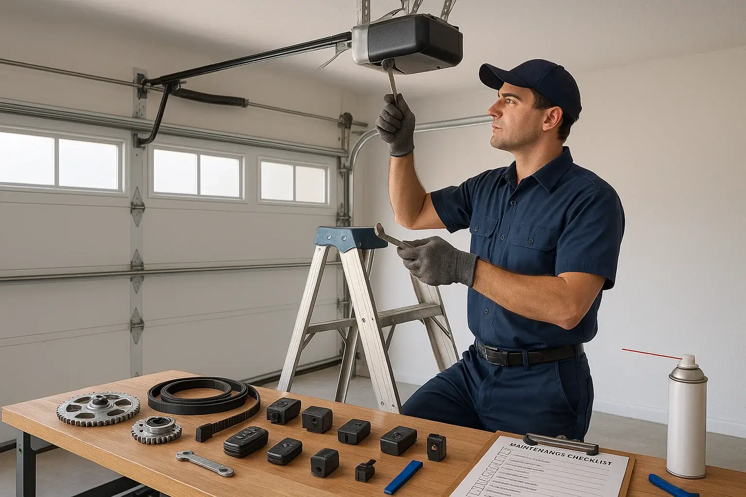 Technician providing garage door opener repair and maintenance in Westland Michigan