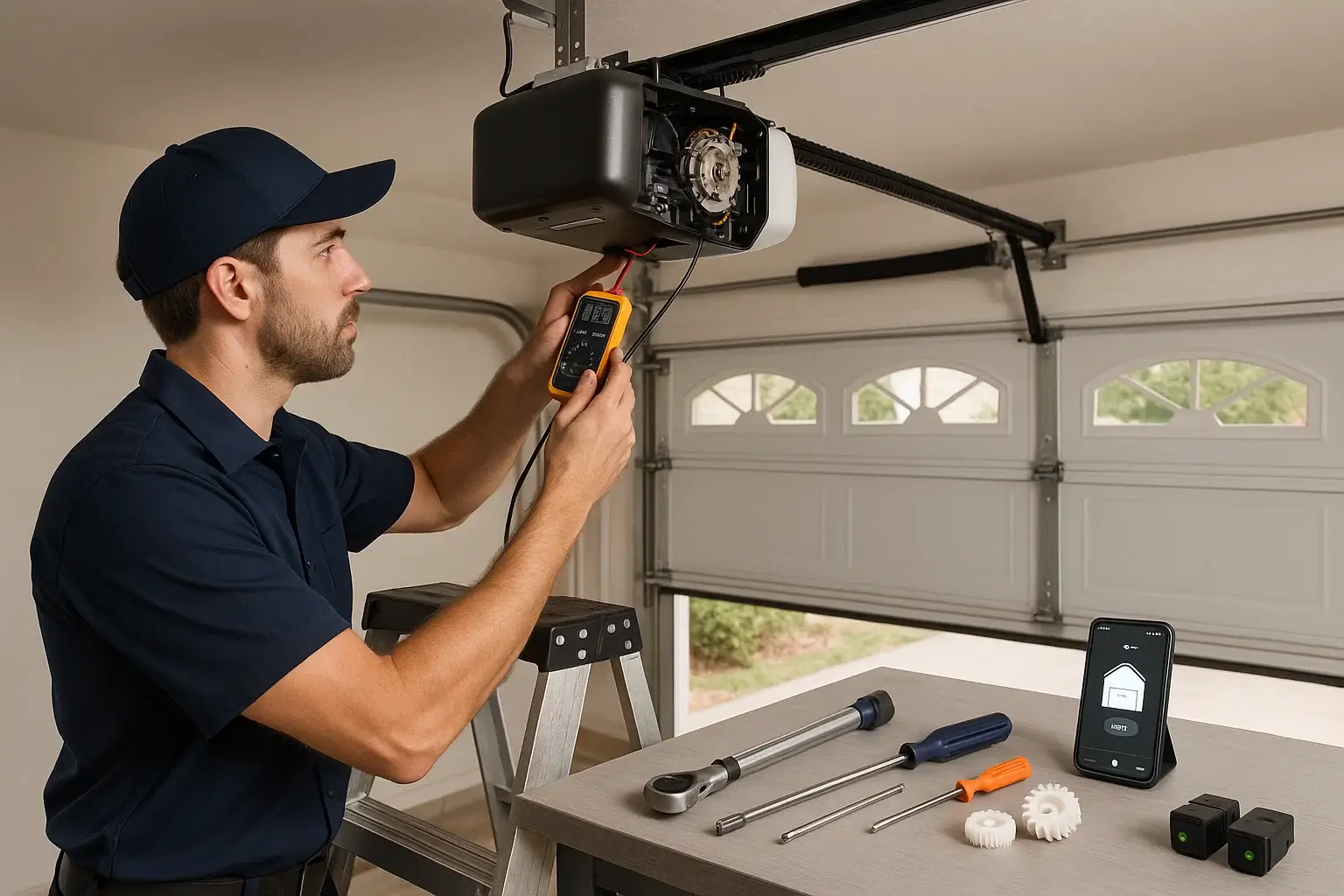Technician in navy uniform diagnosing and repairing a garage door opener in a Michigan home