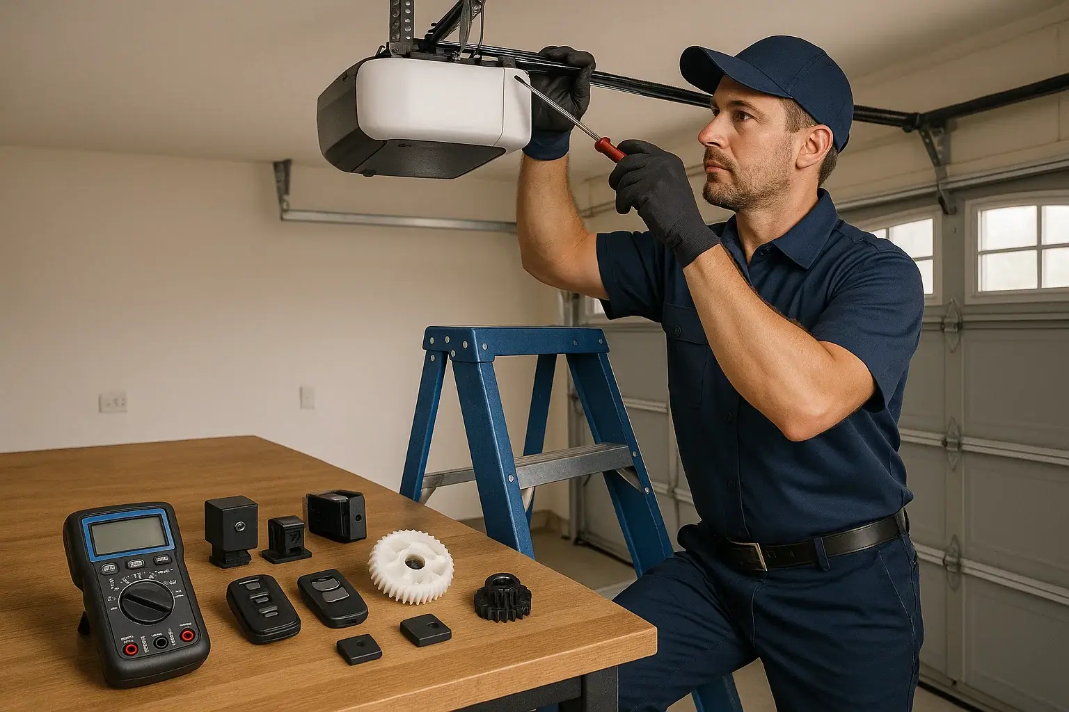 Technician performing residential garage door opener repair in Westland Michigan home