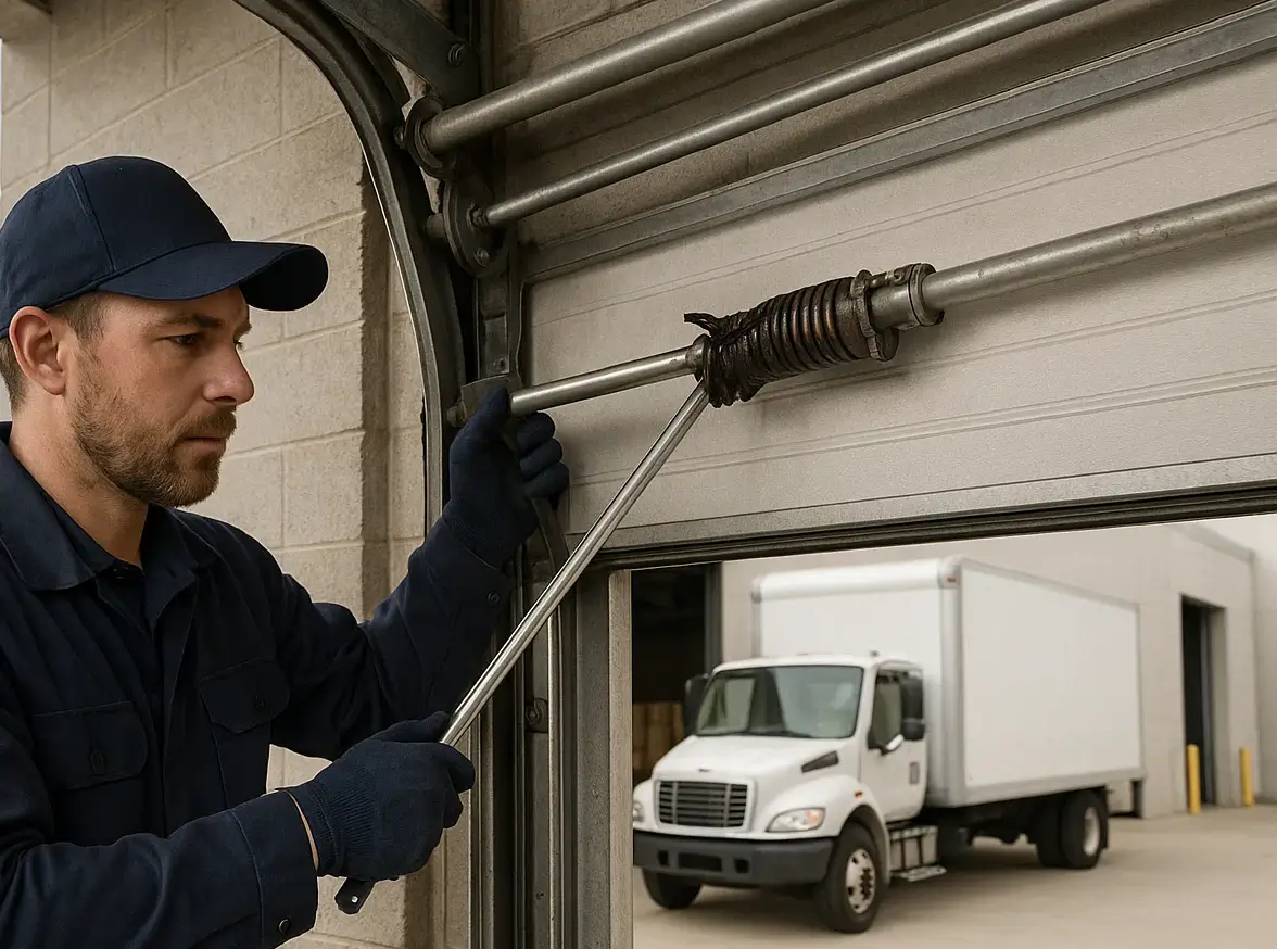 Navy uniformed technician repairing commercial overhead garage door at Westland MI business
