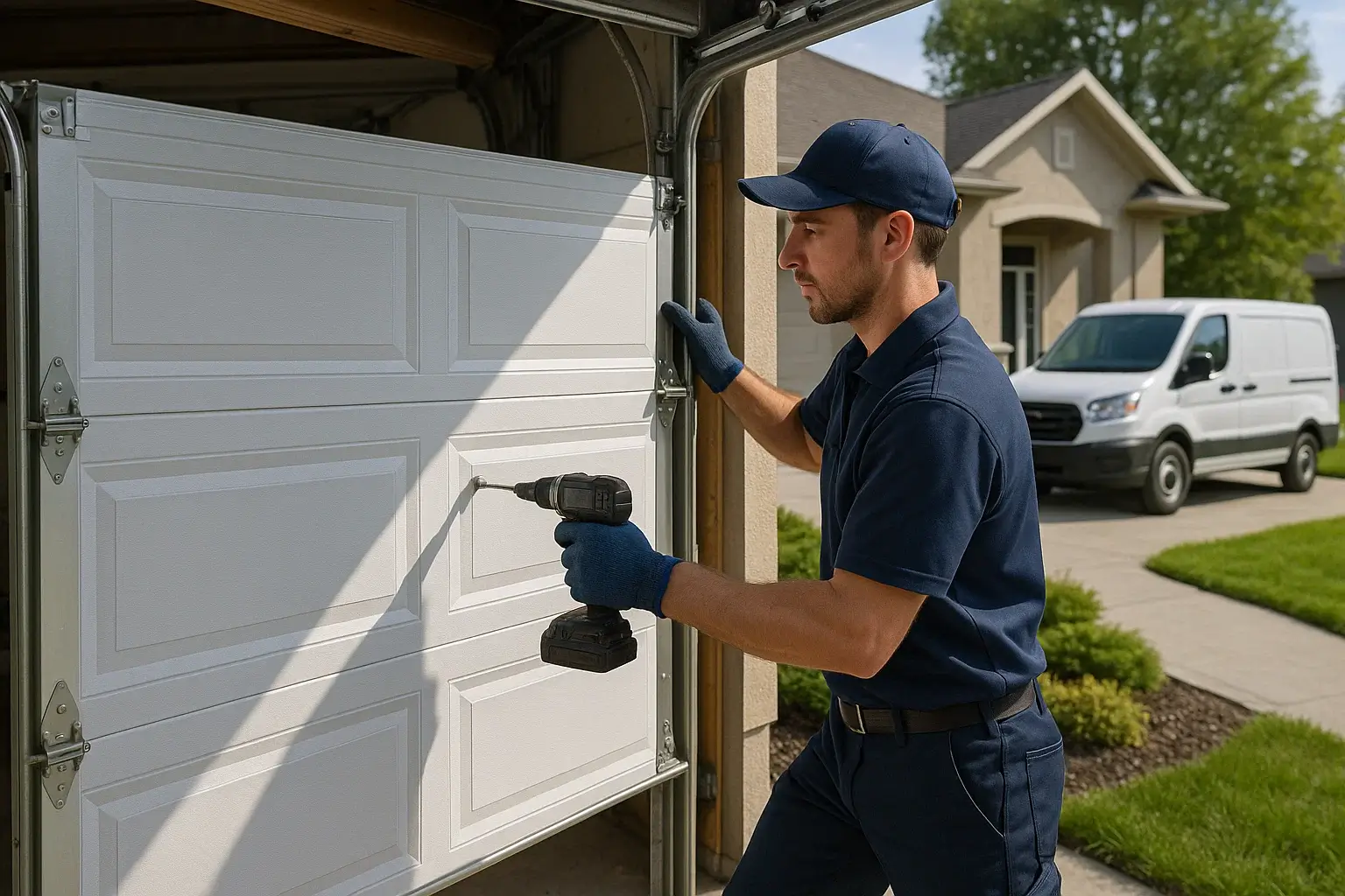 Navy uniformed technician installing modern residential garage door in Westland MI