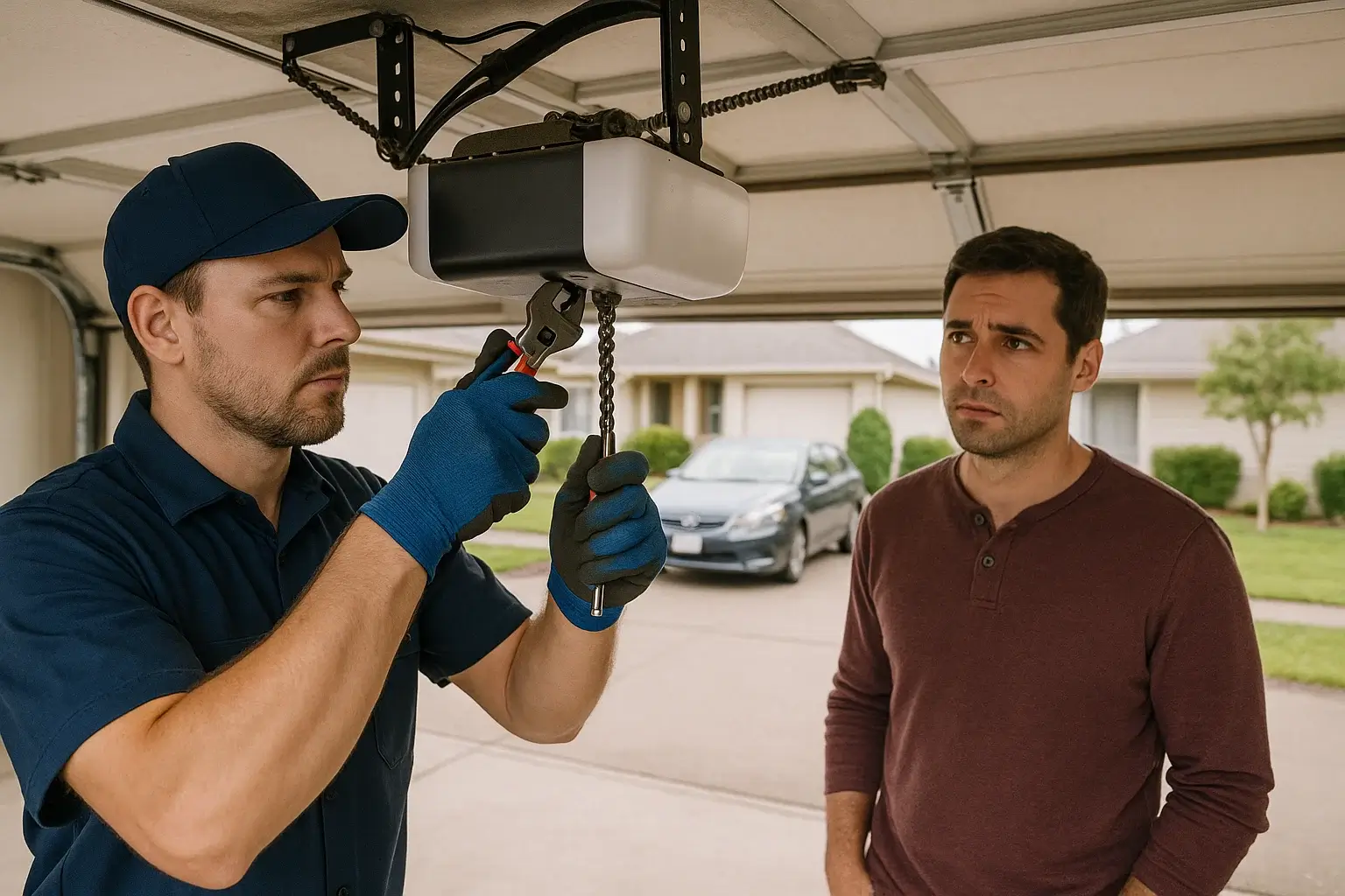 Navy uniformed technician repairing garage door at rental property in Westland MI