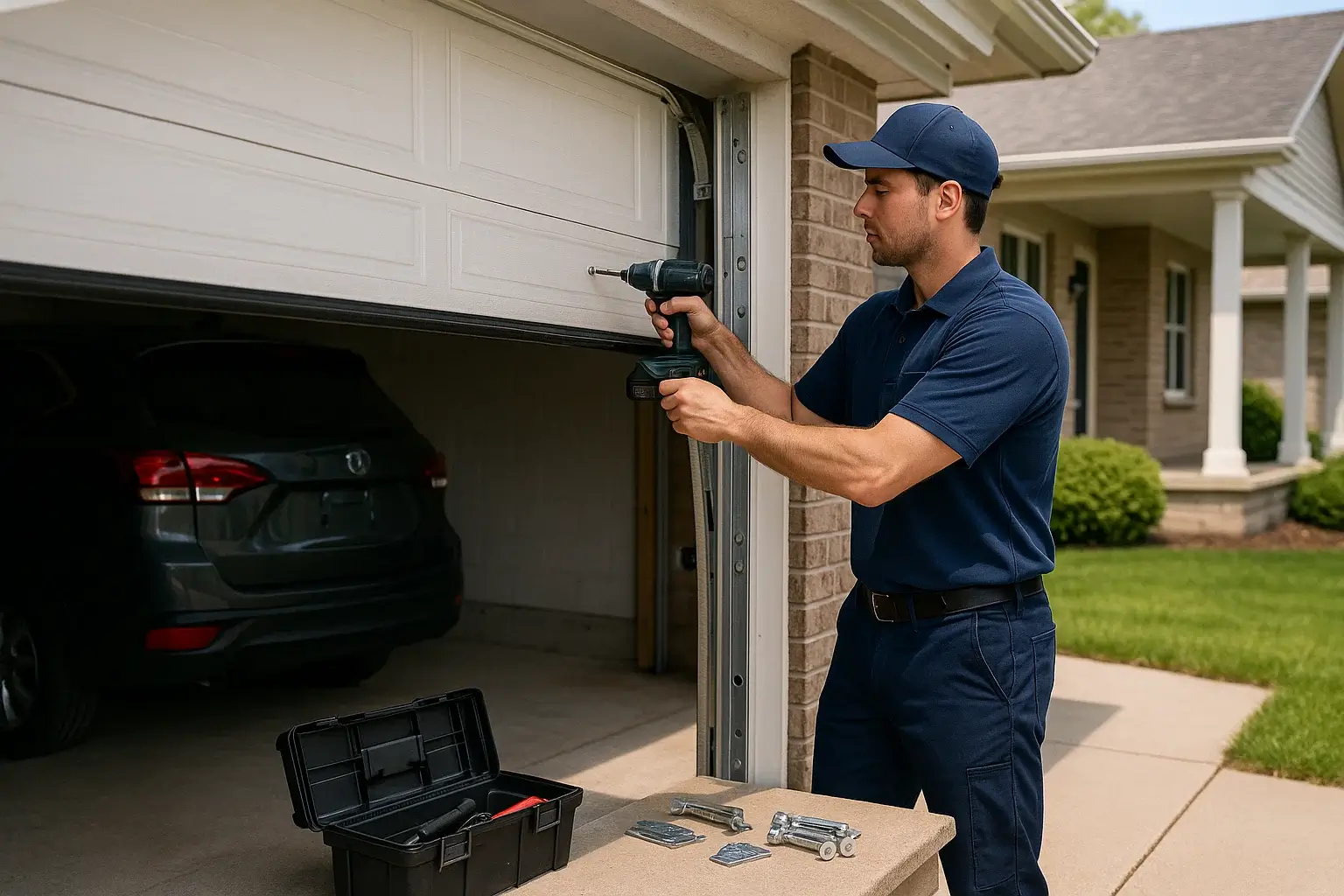 Technician installing an insulated, energy efficient garage door in Bloomfield MI to enhance home comfort and reduce utility costs.