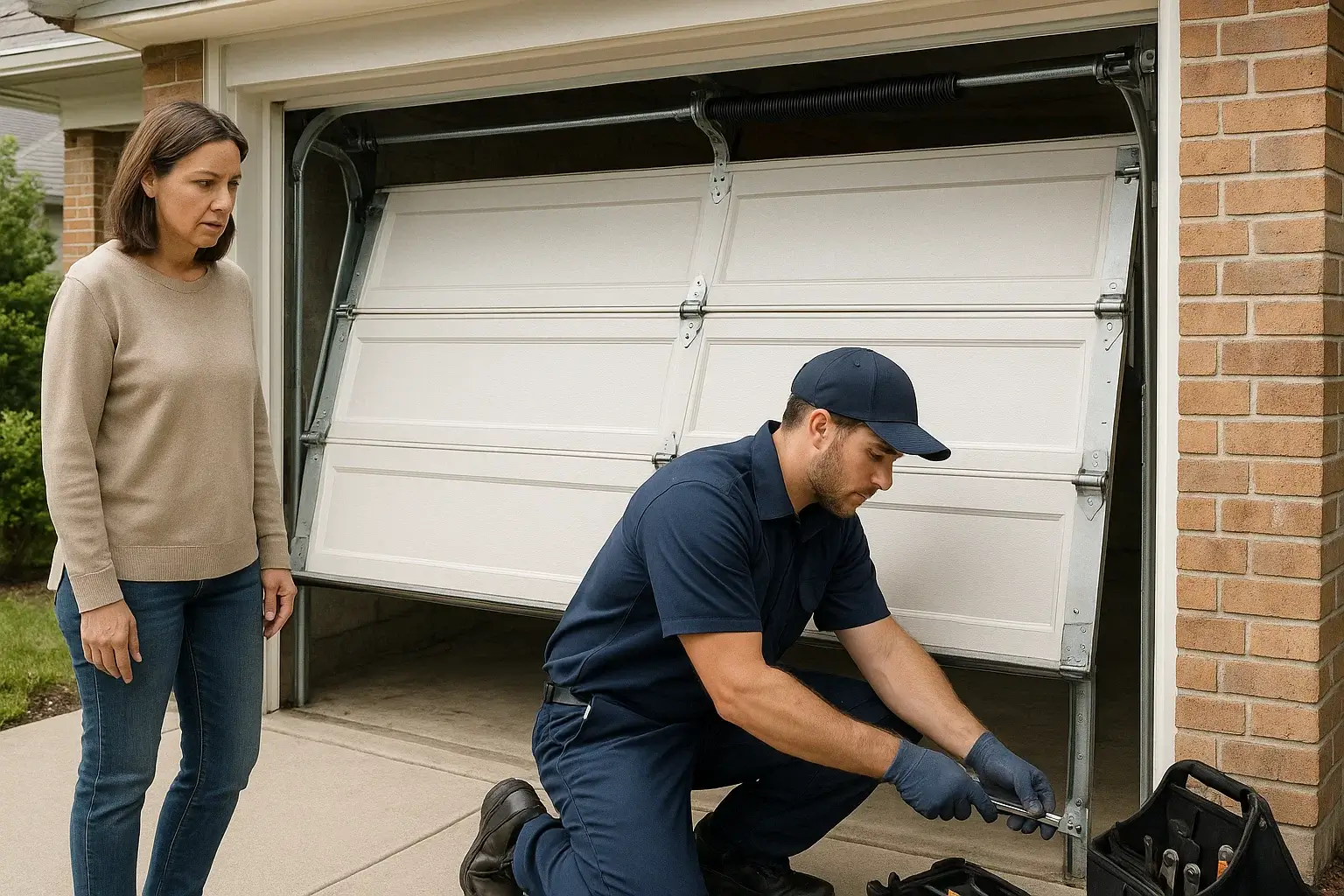 residential-garage-door-repair  Detroit MI   Detroit MI   with technician fixing overhead door at business property 