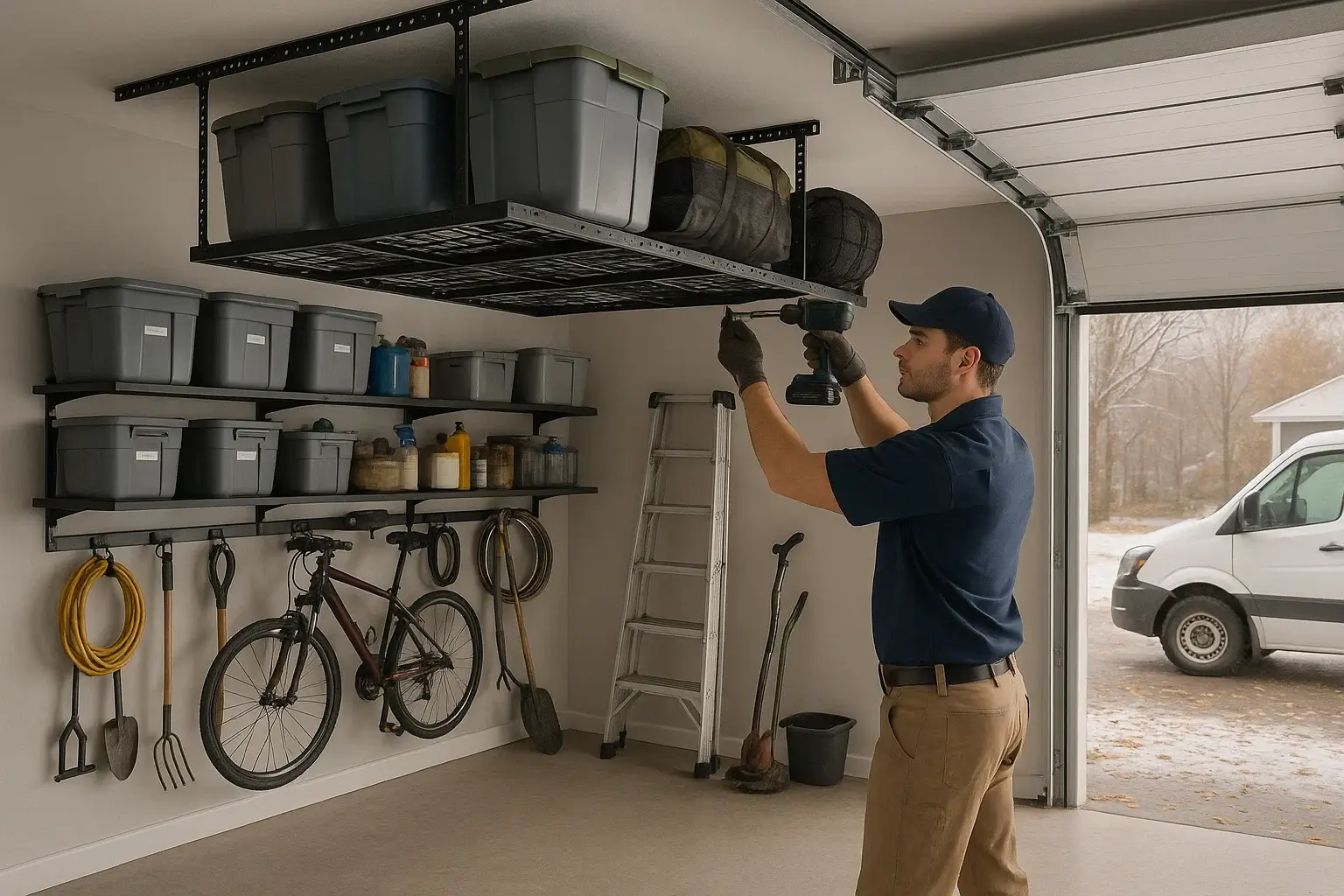 Affordable garage storage solutions and system installation by Garage Door of Westland MI with expert craftsmanship.