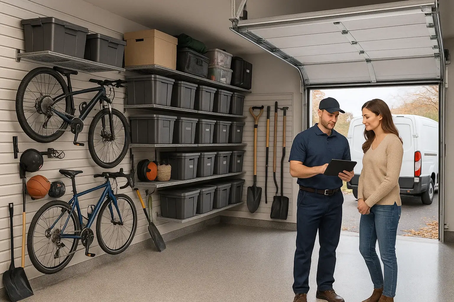 Custom garage storage solutions and system installation by Garage Door of Westland MI, featuring racks, shelving, and loft storage.
