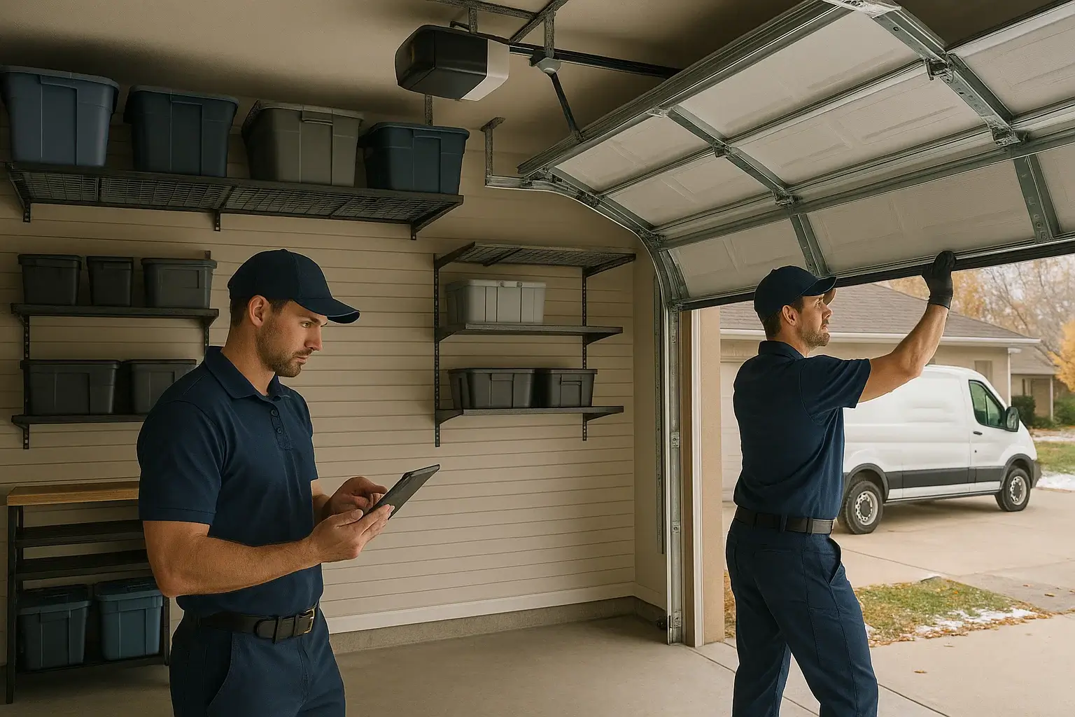 Professional garage door installation with custom storage solutions by Garage Door of Westland MI.