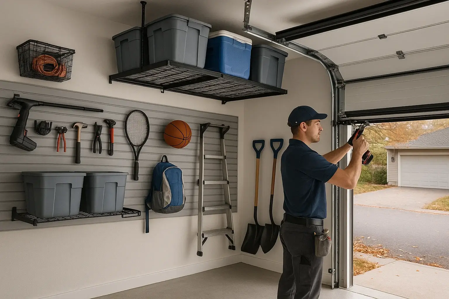Garage Door of Westland MI installing a modern garage door system with organized storage solutions.