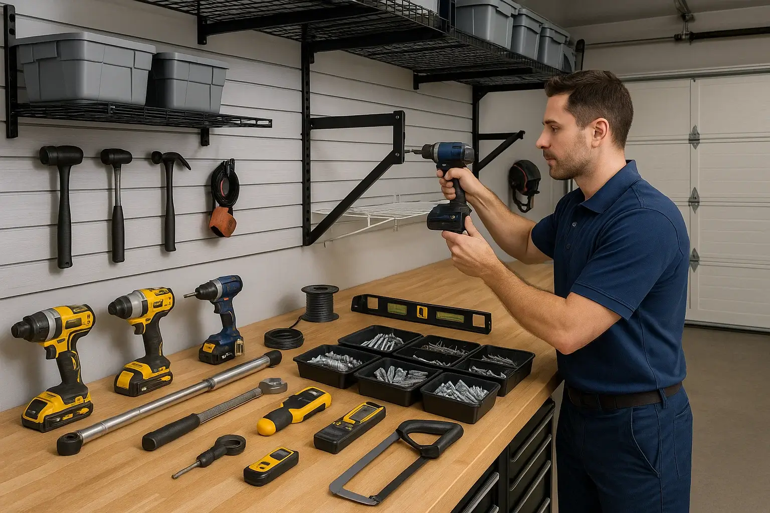 Professional tools and equipment used by Garage Door of Westland MI for garage storage solutions and system installation.