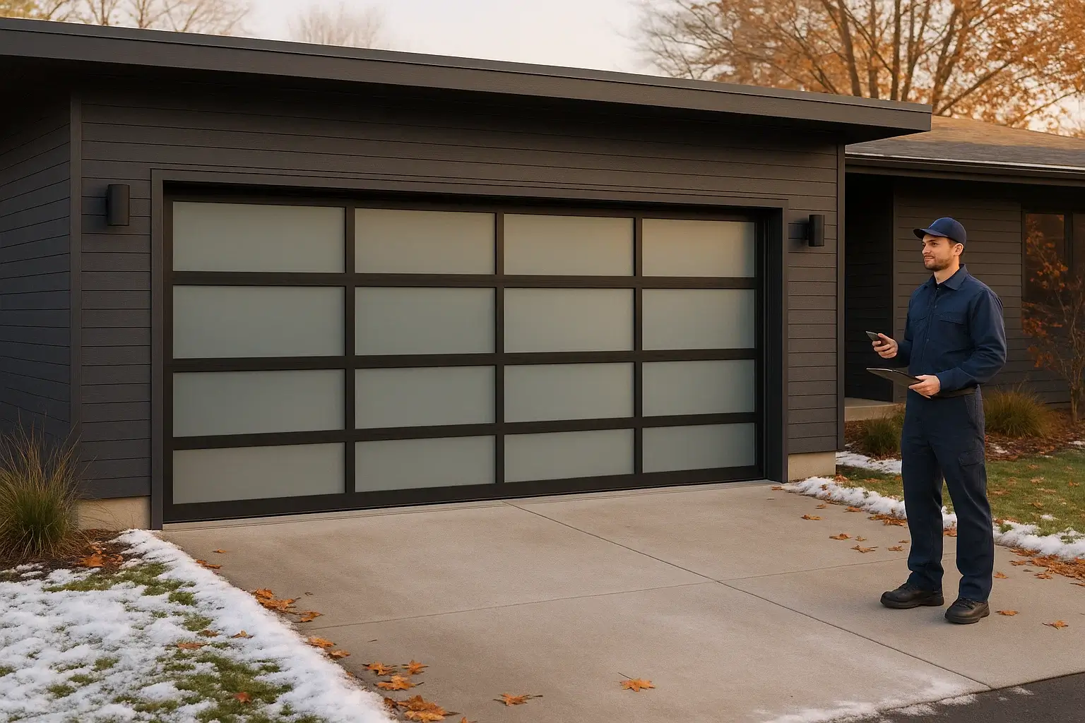Contemporary garage door with sleek glass panels installed by Garage Door of Westland MI for a modern home upgrade.