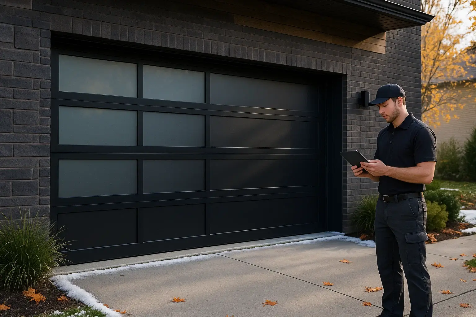 Modern garage door with glass and aluminum panels installed by Garage Door of Westland MI for sleek curb appeal.