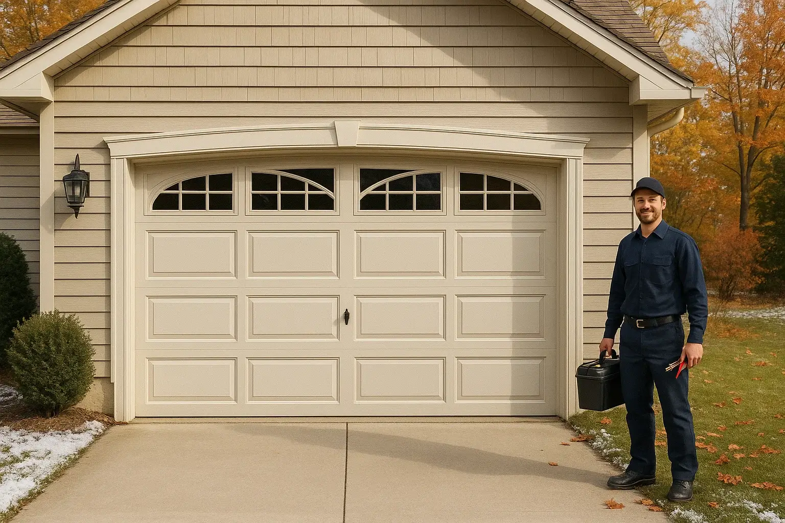 Traditional garage door with raised panels and arched windows installed by Garage Door of Westland MI.