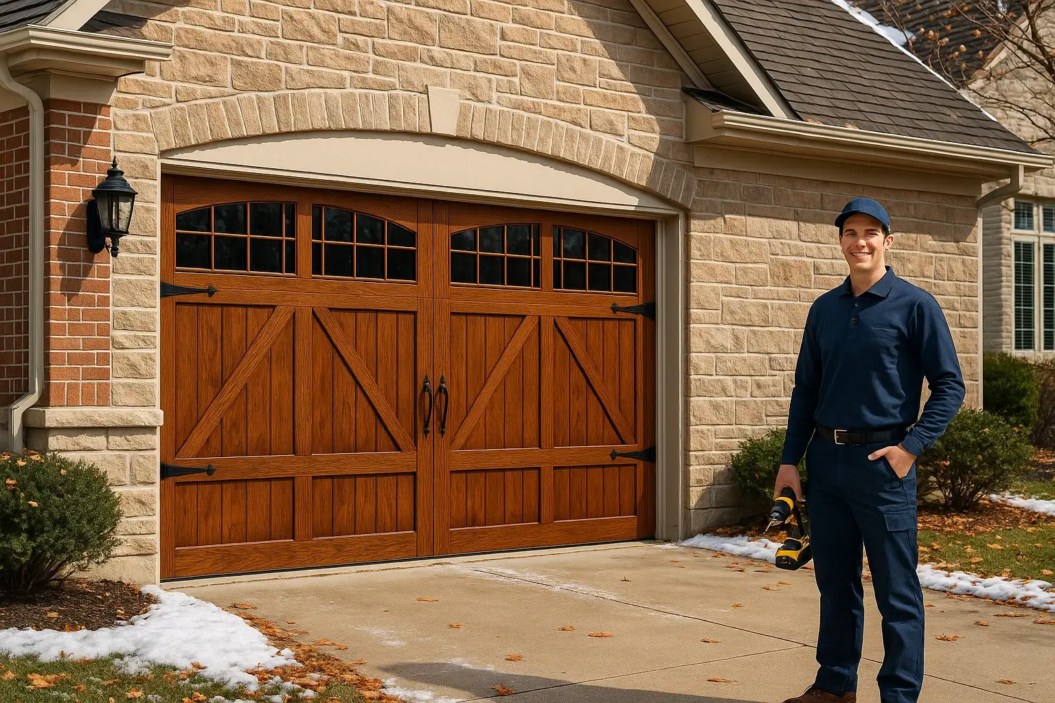 Wooden carriage-style garage door installed by Garage Door of Westland MI, combining elegance and durability.