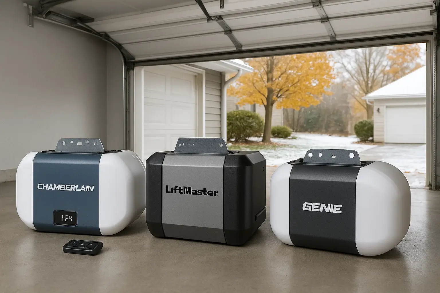 Top garage door opener brands like Chamberlain, LiftMaster, and Genie installed by Garage Door of Westland MI.